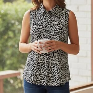 CAbi Black Befriend White Floral Sleeveless Peplum Top